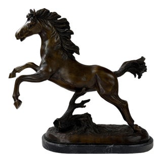 Late 20th Century Bronze Rearing Horse Sculpture on Marble Base, 21” H – Dynamic Equestrian Statue For Sale