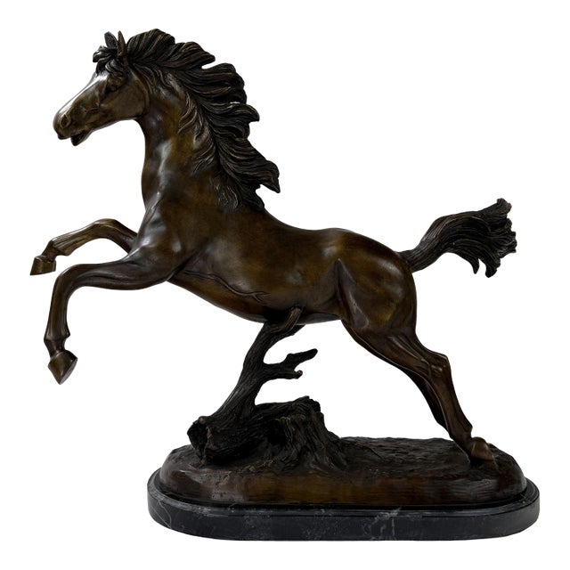 Late 20th Century Bronze Rearing Horse Sculpture on Marble Base, 21” H – Dynamic Equestrian Statue For Sale