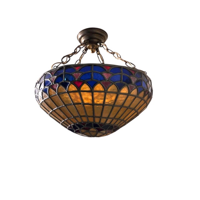 Bauhaus Vintage Colorful French Stained Glass Bowl/ Pendant Light Fixture For Sale - Image 3 of 18