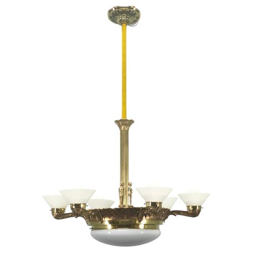 Art Deco Brass Chandelier with Glass Shades, Czechoslovakia, 1930s For Sale - Image 17 of 17