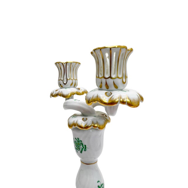 Gold Handpainted Apponyi Green 7915 Double Candleholder from Herend, Hungary, 1960s For Sale - Image 8 of 10