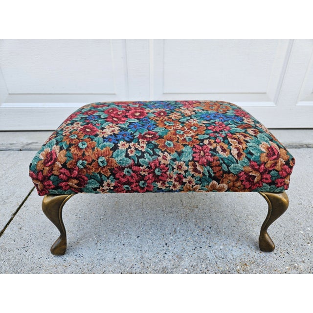 Metal Floral Print Footstool With Brass Colored Legs For Sale - Image 7 of 10