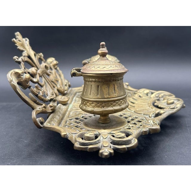 Antique Double Inkwell Ornate Brass Figural Lion Head Beast Mythical Scroll For Sale - Image 4 of 16