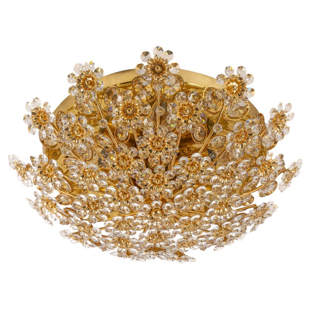 Petite Gilt Brass Cut-Glass Flower Flush Mount by Palwa, Germany, 1970s For Sale