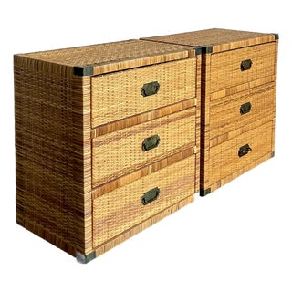 Vintage Boho Woven Rattan Campaign Chests - A Pair For Sale