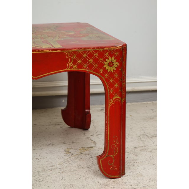 Vintage Hand Painted Red Lacquered Chinoiserie Cocktail/Coffee Table For Sale In New York - Image 6 of 11