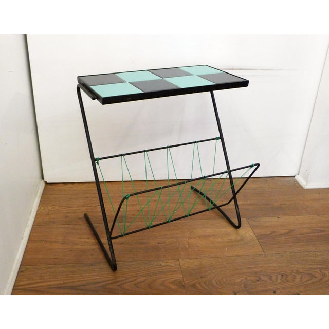 Small Mid-Century Side Table with Magazine Rack and Earthenware Checkerboard Top, 1950s For Sale - Image 10 of 10