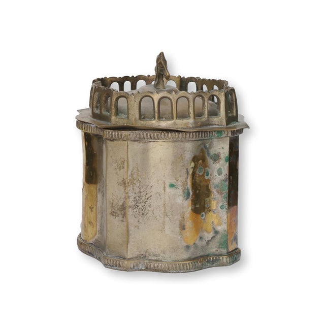 Late 19th century English equestrian tobacco box with sculptural horse head finial and pierced gallery lid. The octagonal...