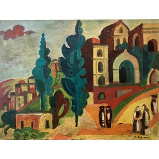Emmanuel Snitkovsky, Outside the Synagogue Russian Judaica Oil Painting, c.1980s For Sale