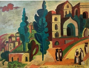 Emmanuel Snitkovsky, Outside the Synagogue Russian Judaica Oil Painting, c.1980s