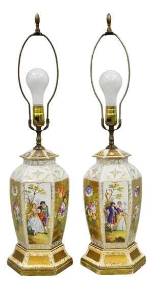 Antique French Victorian Hand Painted Gold Gilt Ginger Jar Table Lamps - A Pair