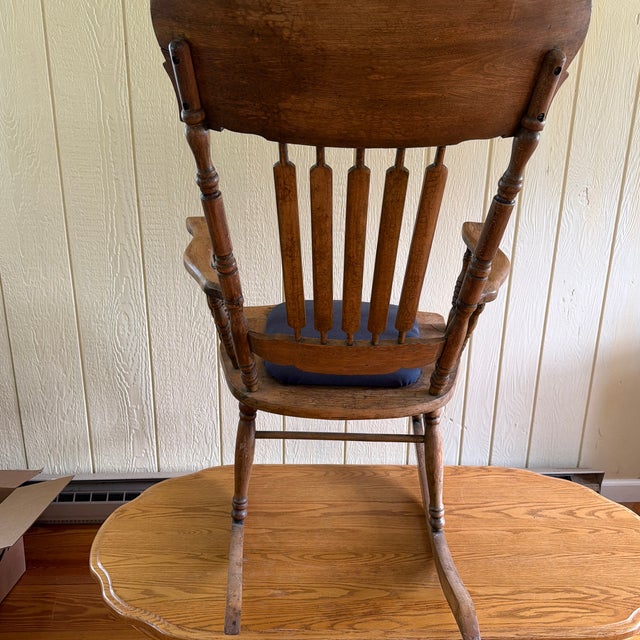 Late 18th Century Antique Late Victorian Pressed-Back Oak Rocking Chair With Navy Seat For Sale - Image 5 of 8