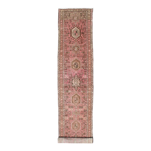 Long Narrow Persian Heriz Runner With Tribal Design in Pink and Taupe For Sale