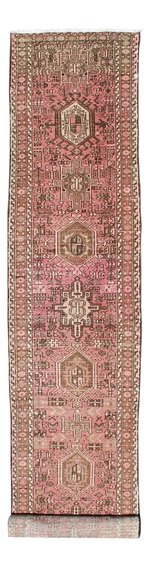 Long Narrow Persian Heriz Runner With Tribal Design in Pink and Taupe