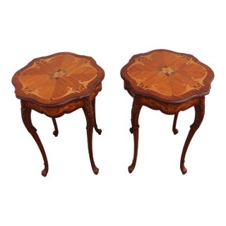 Early 1900s French Carved Inlay Round Side End Tables a Pair 6375a For Sale