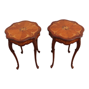 Early 1900s French Carved Inlay Round Side End Tables a Pair 6375a