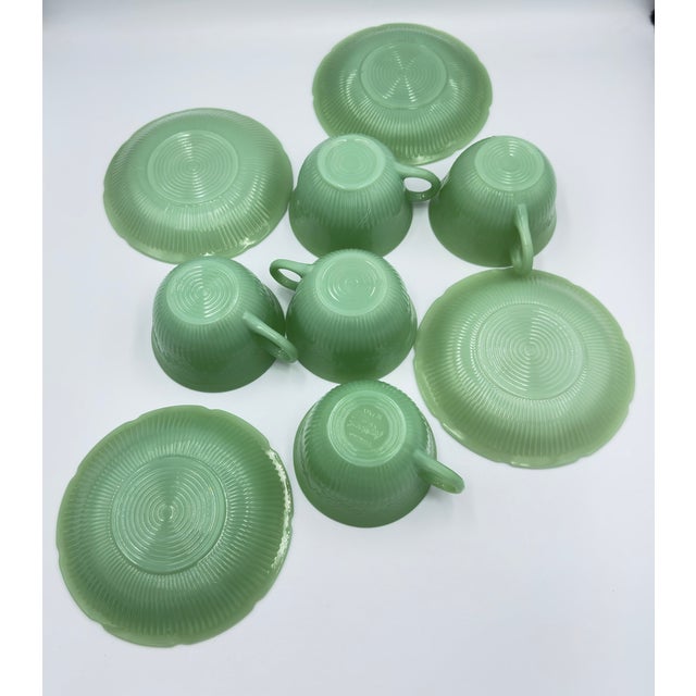 1940s Anchor Hocking Fire King Alice Jadeite Coffee Tea Cup & Saucer 9pc Lot For Sale - Image 9 of 14