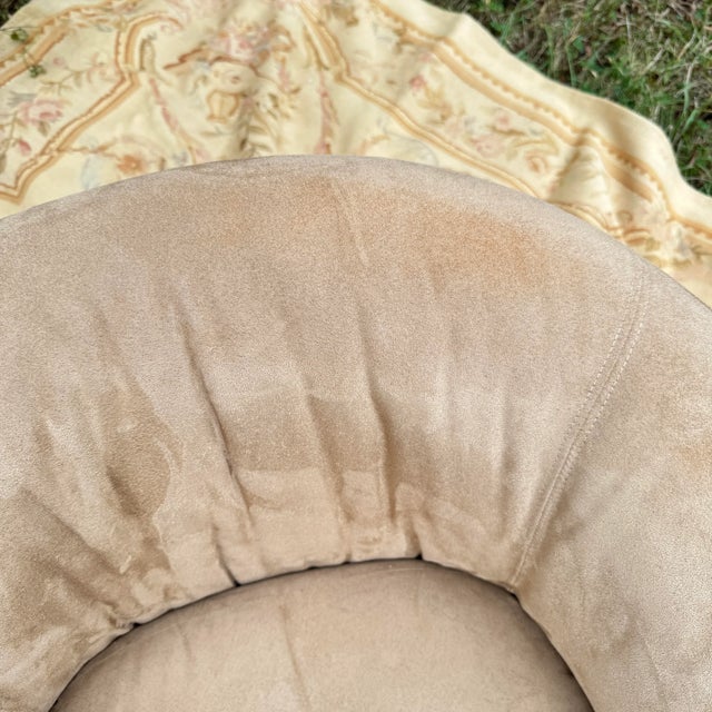 1990s Milo Baughman Style Suede Upholstered Barrel Back Swivel Chair For Sale - Image 12 of 12