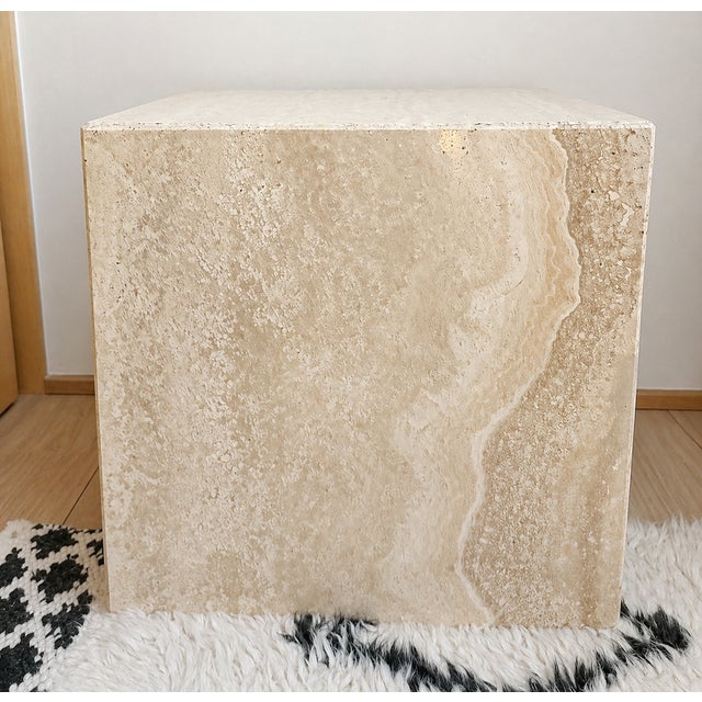 Mid-Century Modern 1970s Pair of Travertine Cube Side Tables – 16” Sculptural Stone Pedestals For Sale - Image 3 of 3