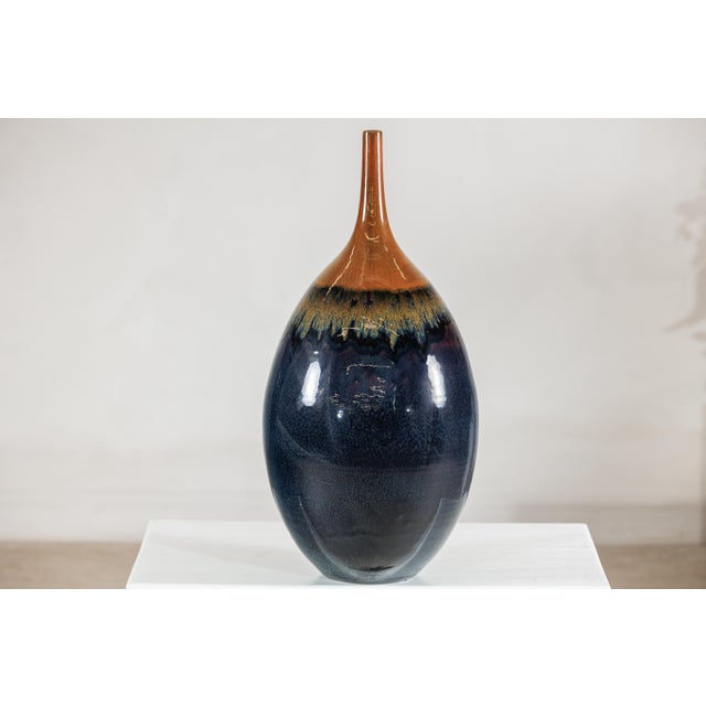 Ceramic Large Artisan Ceramic Vase in Midnight Blue with Brown Tapered Neck For Sale - Image 7 of 18