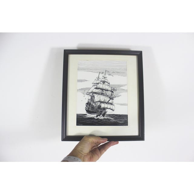 Vintage Pen and Ink Clipper Sailing Ship Framed Art Signed by Artist Sailboat Black and White Small For Sale - Image 10 of 11