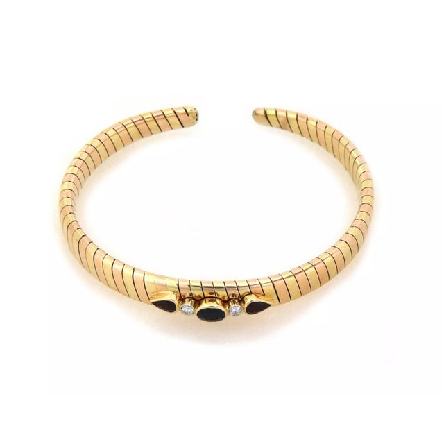Contemporary Diamond Ruby Sapphire Bracelet 18k Rose Yellow Gold Tubogas Flex Cuff For Sale - Image 3 of 5