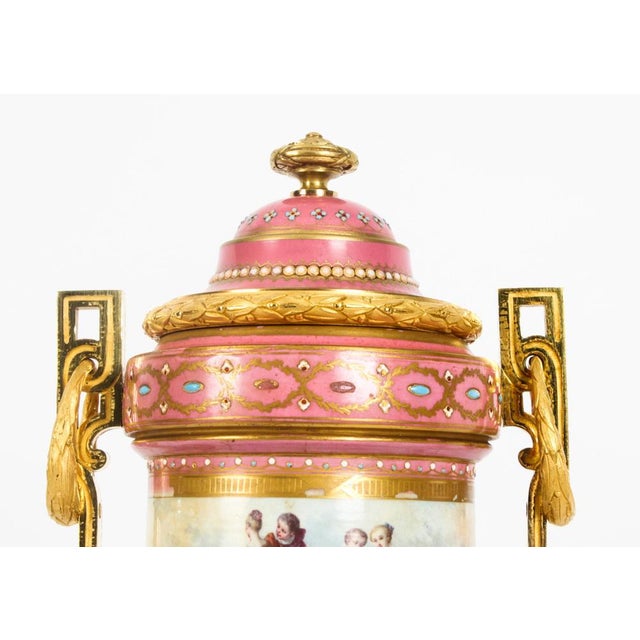 19th Century French Ormolu Mounted Pink Sevres Lidded Vases, Set of 2 For Sale - Image 6 of 18