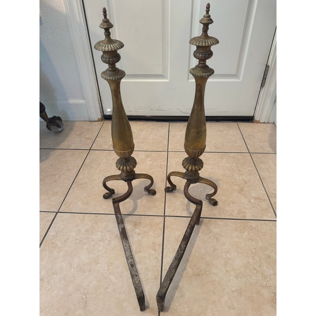 Antique Solid Brass Fireplace Andirons/ Firedogs Pair (2) For Sale - Image 10 of 12