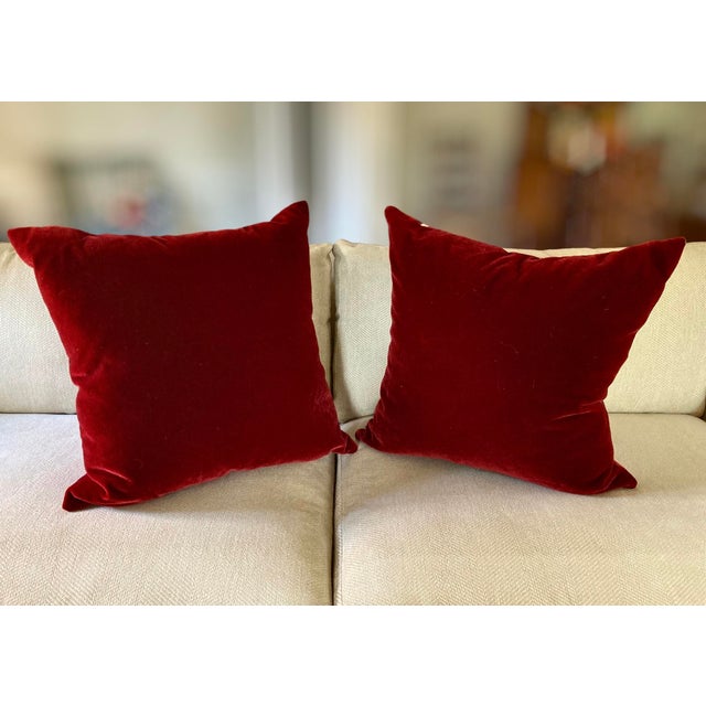 Pair of 22" Custom Schumacher Kashgar Ikat Velvet Pillows Pattern 176102 in Ruby Plum For Sale - Image 11 of 18