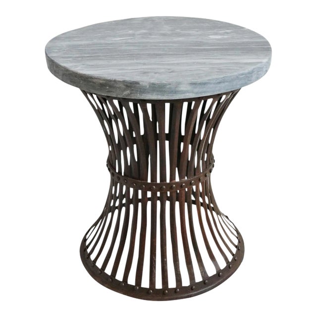 Vintage Grey Marble & Iron Rivet Band Side Table For Sale