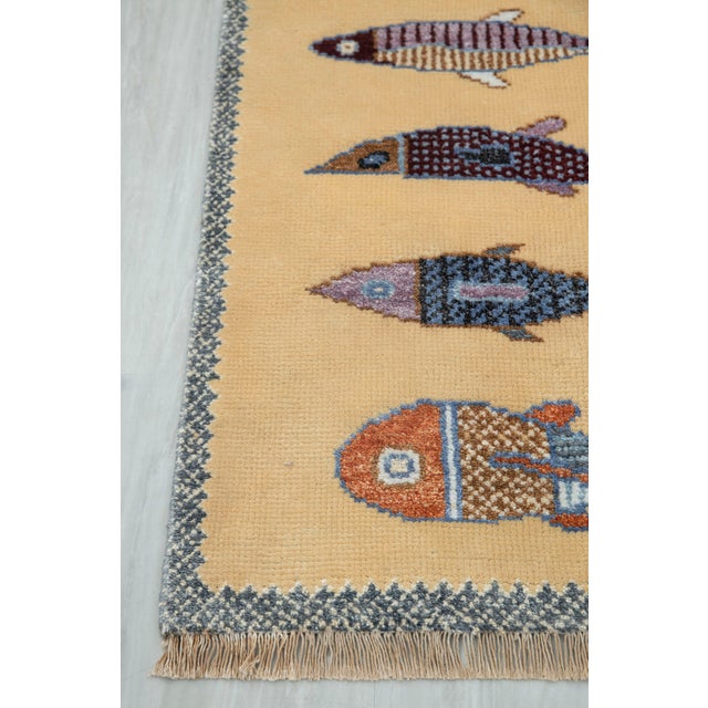 Koi Fish Yellow Hand Knotted Runner Rug 2.6x10Ft. For Sale - Image 16 of 16