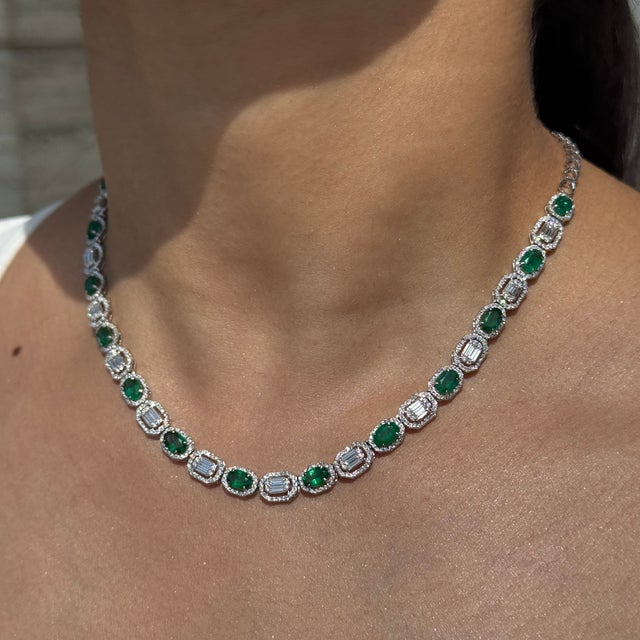 5.71ct Zambian Emerald & 2.81ct Baguette Diamond Tennis Necklace 14k Gold For Sale In New York - Image 6 of 13