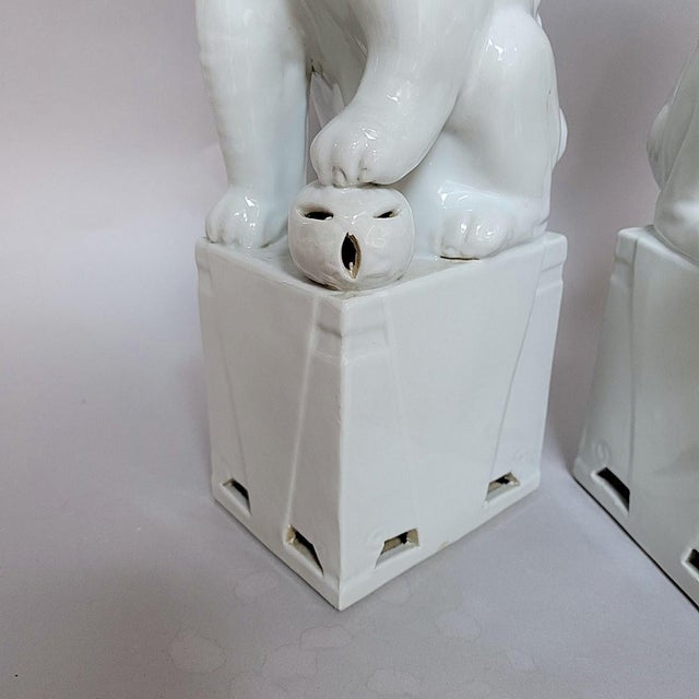White Pair of Large Vintage Chinese Blanc De Chine Foo Dogs, Guardian Lions With Cub & Ball For Sale - Image 8 of 11