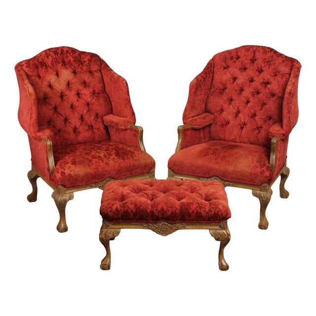 Georgian Style Pair of Wingback Armchairs and Ottoman For Sale
