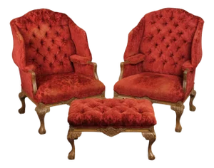 Georgian Style Pair of Wingback Armchairs and Ottoman