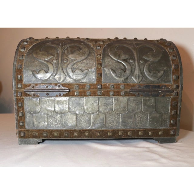 Rare Antique 1916 Handmade Tooled Tole Wood Velour Dome Top Box Trunk Casket For Sale - Image 9 of 12