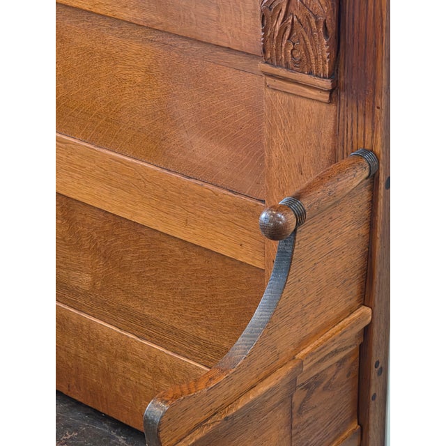 Antique 1880s Victorian Arts & Crafts Queen Golden Oak Hand Carved Original Art Nouveau Metalwork For Sale - Image 13 of 17