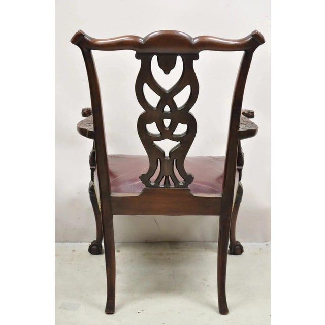 Antique Chippendale Georgian Carved Mahogany Ball and Claw Leather Arm Chair For Sale - Image 11 of 12