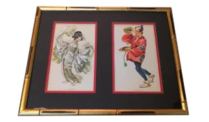 Mid-Century Italian Chinoiserie Watercolor Faux Bamboo Framed Art