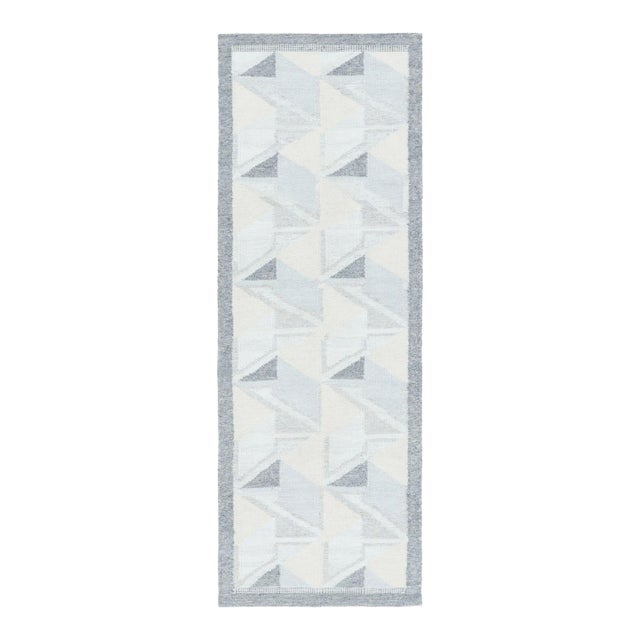 Rug & Kilim’s Scandinavian-Inspired Runner Rug, Gray and Blue Geometric Patterns For Sale
