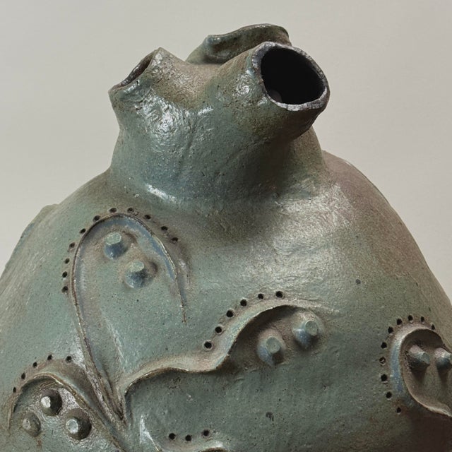 Ceramic Vintage Monumental Modernist Sculptural Three-Spout Stoneware Vessel, Signed For Sale - Image 7 of 10