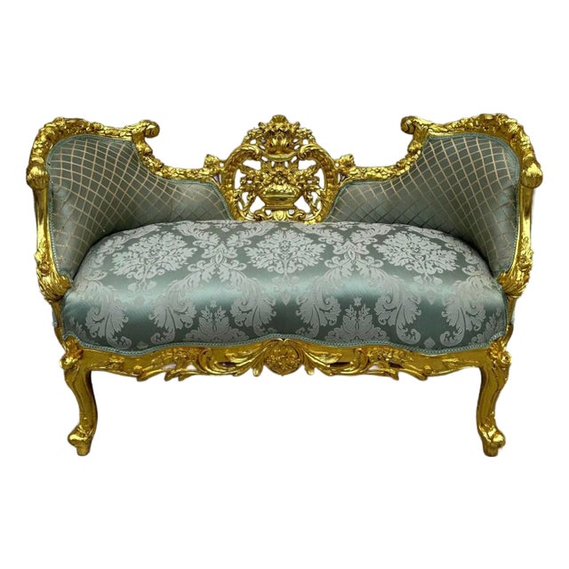 French Style Blue Small Settee Gold Details For Sale