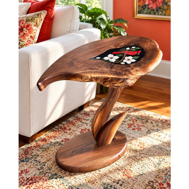 A one-of-a-kind sculptural accent table handcrafted from solid black walnut and original artwork. This striking piece from...