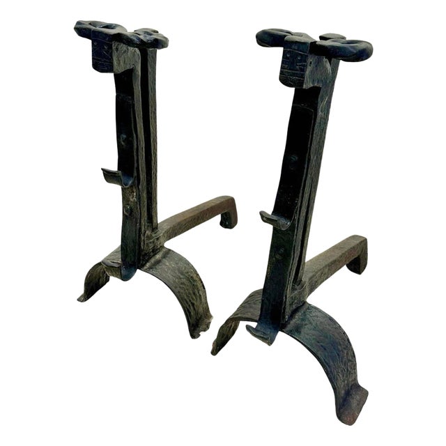 Massive Pair of Wrought Iron 18th Century Fire Dogs/ Andirons For Sale