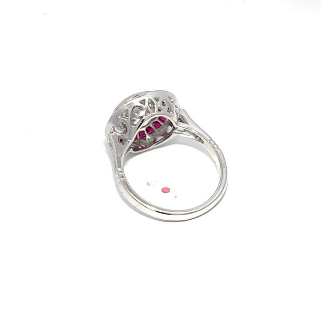 Metal Vintage Platinum 3.17cts Old European Cut Diamond and 1.19cts Ruby Halo Ring, Size 6.5 For Sale - Image 7 of 12