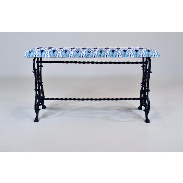 Victorian Antique Cast Iron Window Bench, Victorian, Ikat Upholstery, Usa For Sale - Image 3 of 11
