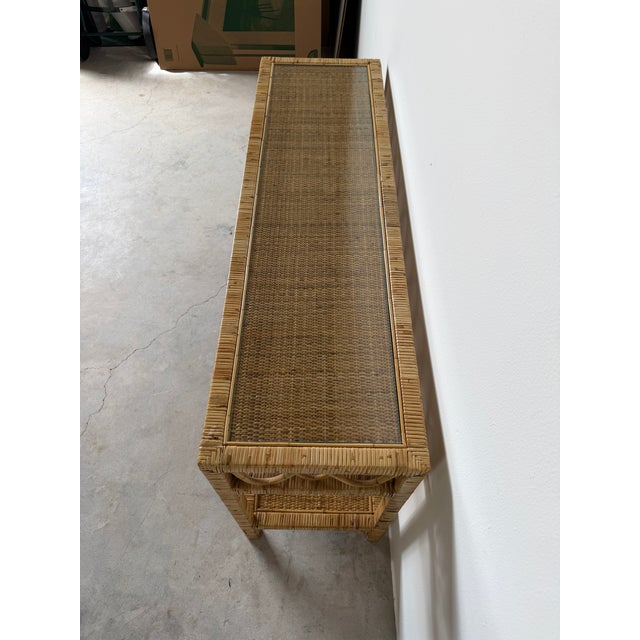 Brown Vintage Coastal Rattan Two-Tier Console Table With Glass Top For Sale - Image 8 of 17