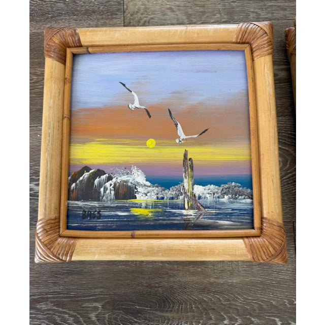 Oil Coastal Paintings in Thick Bamboo Frames. Pair For Sale - Image 4 of 12
