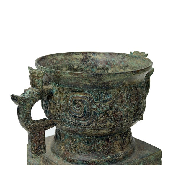 Charcoal Vintage Style Ancient Ritual Bronze Vessel Display Art For Sale - Image 8 of 11
