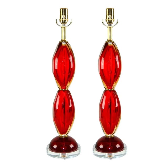 Vintage Gem-Cut Murano Glass Table Lamps in Red and Gold For Sale - Image 12 of 12